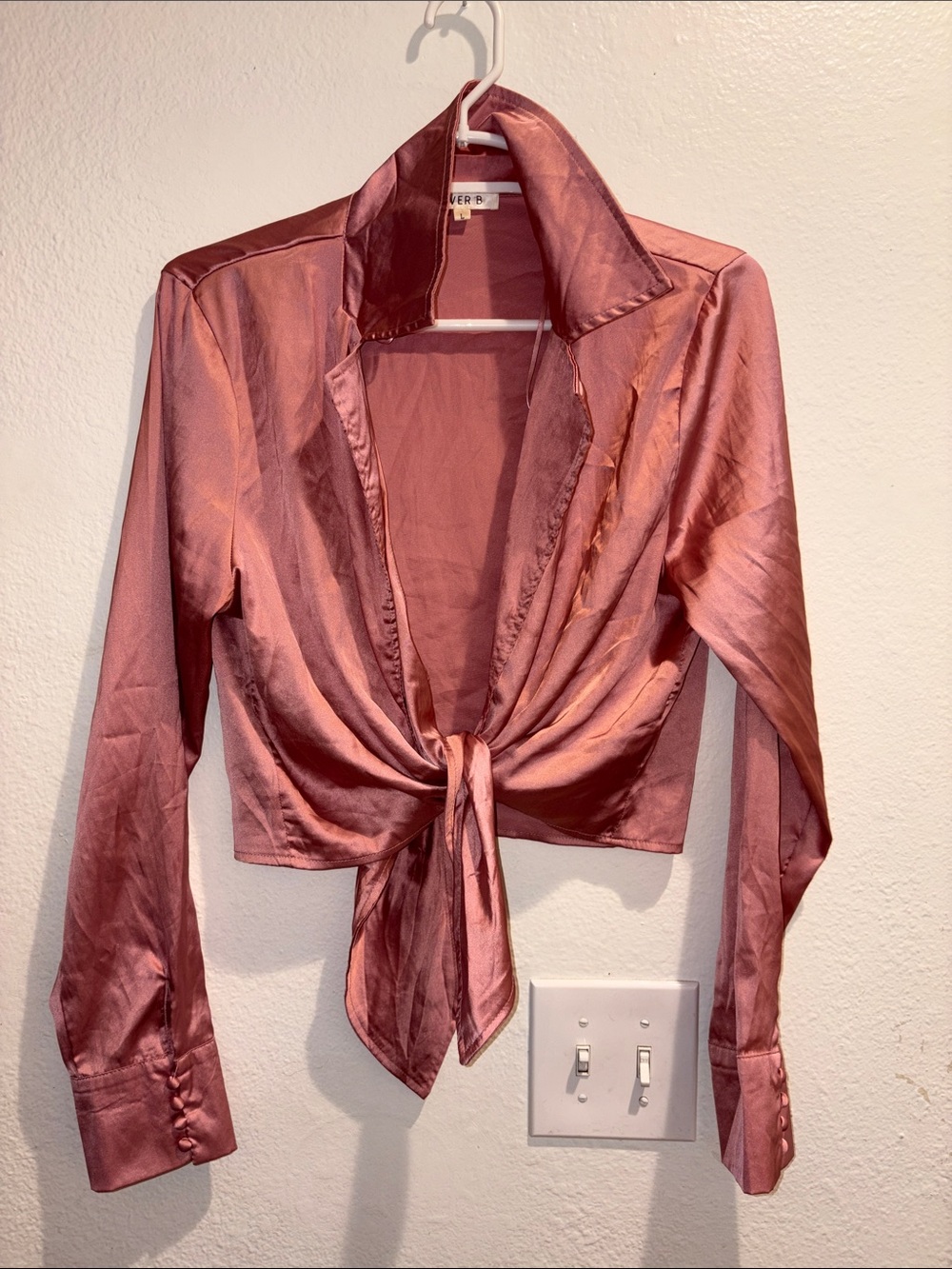 Satin Tie-Front Crop Blouse in Dusty Rose